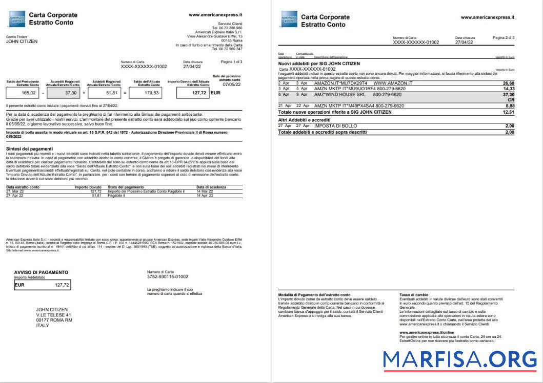 Realistic Italy American Express Amex card statement word 3 pages real example